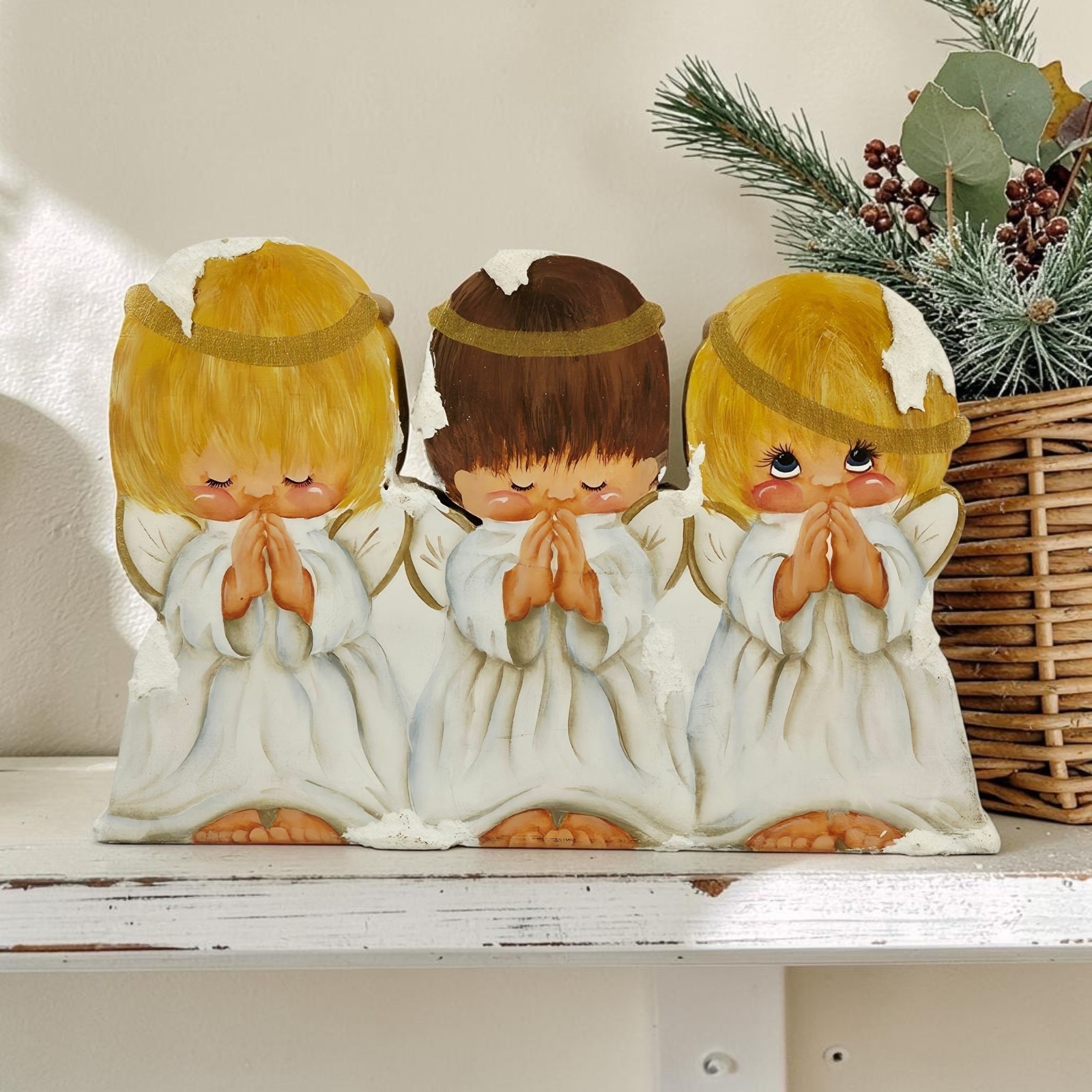 VTG Hand Painted Little Girl Bashful Snowy Angel Wood Cutout Standing Figure 11 VTG Hand Painted Little Girl Bashful Snowy Angel Wood Cutout Standing Figure 11