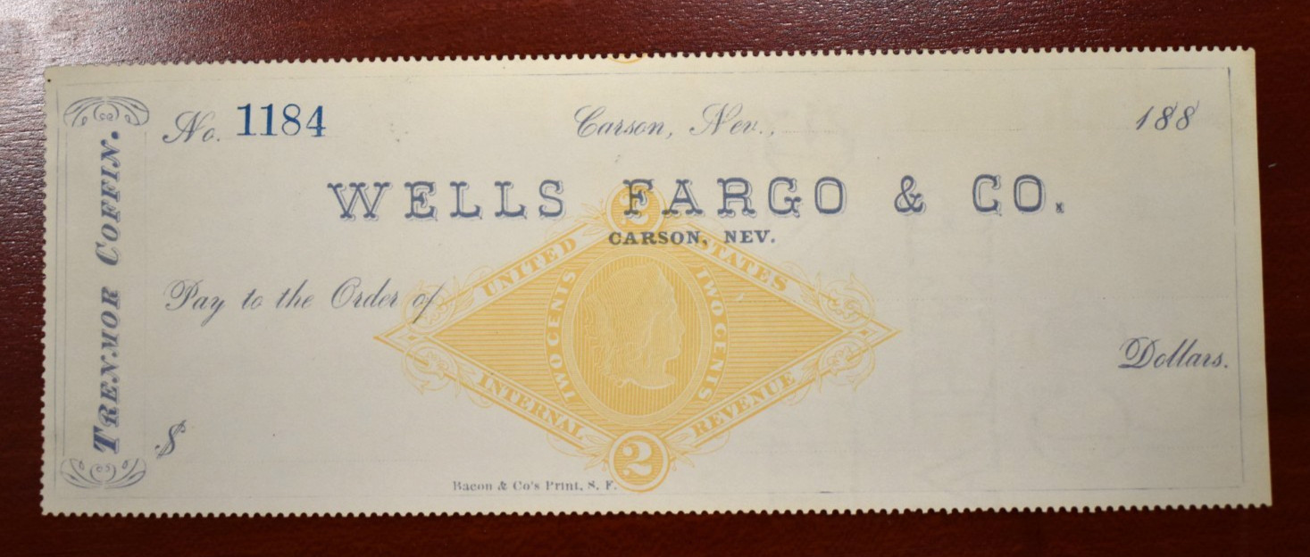 Late 1800\'s Wells Fargo & Company Check from Carson City Nevada Trenmor Coffin