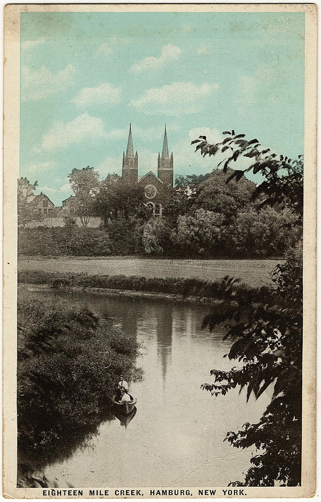 1924 Hamburg NY RARE Postcard Eighteen Mile Creek Church Boat Blue Sky Tint WB