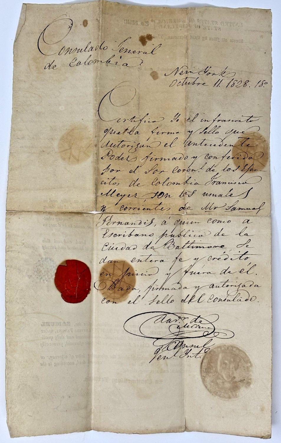 1828 Colombia Colonel Francisco Meyer Power Attorney Montilla Consul Wax Seals