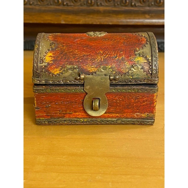 Vintage Miniature Wood Treasure Chest Trinket Box Red Yellow Brass Overlay Trunk