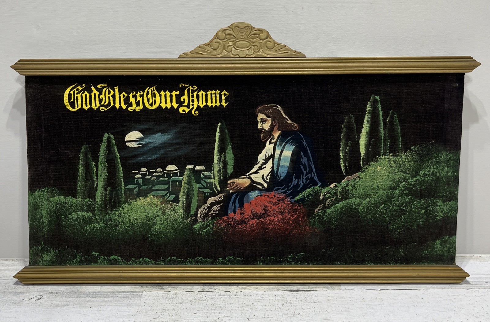 Vintage Velvet God Bless Our Home Religious Jesus Painting 24” X 11”