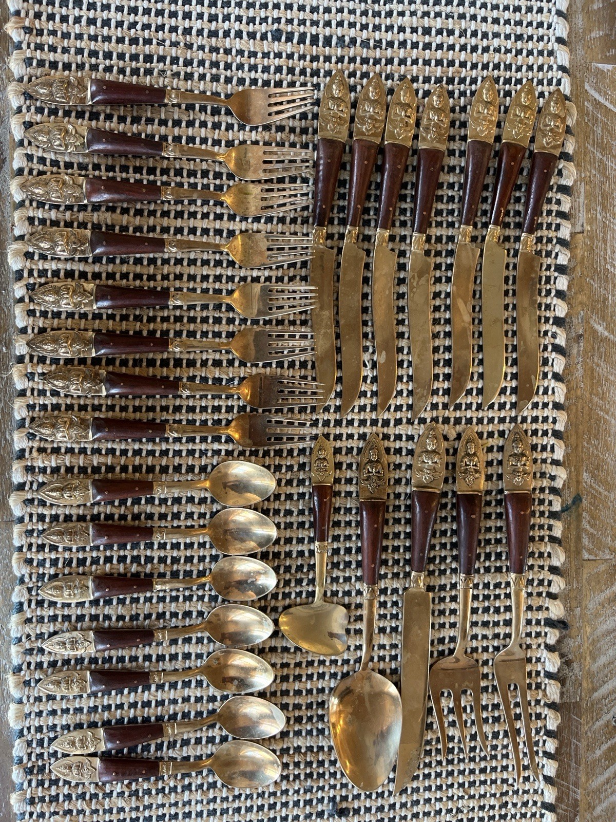 Vintage Thai Brass Flatware Set – 27 Pieces – Wooden Handles – Made in Thailand