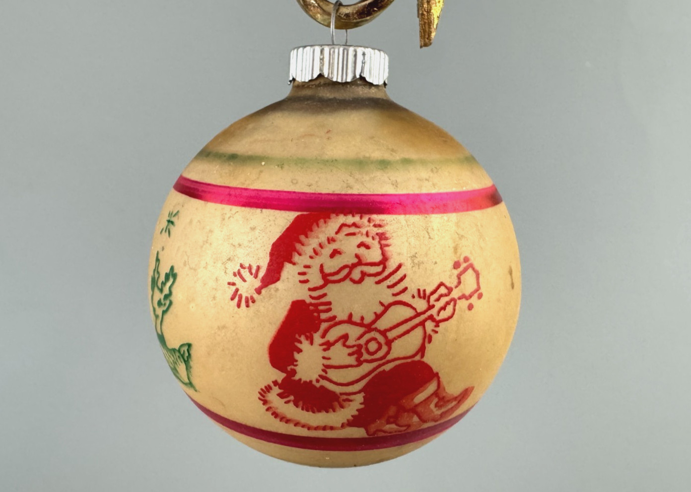 VTG Shiny Brite Stenciled Opaque Glass Santa Reindeer Ball Xmas Ornament 3''