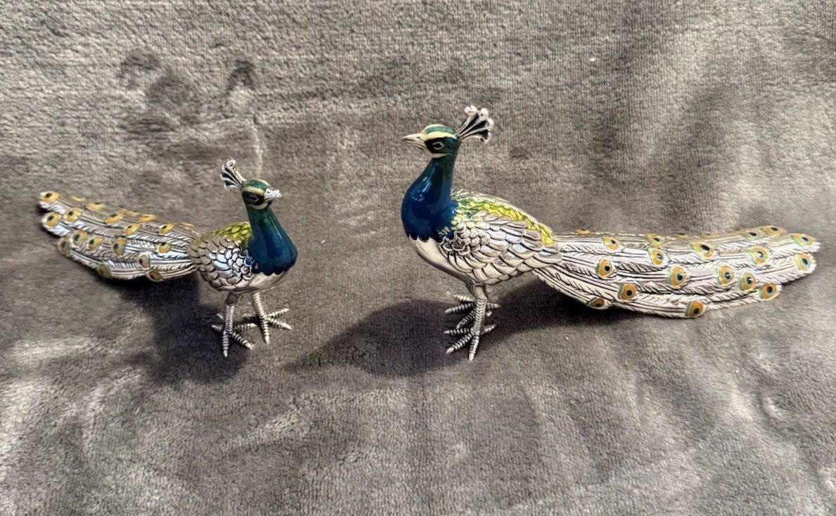 Pair Silver Tone Enamel Peacock Figurines Hand Painted Decorative Birds
