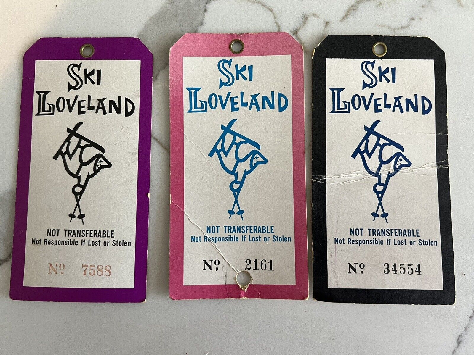 3 vintage Colorado Loveland Ski lift tickets 70’s 80’a Purple Pink Black