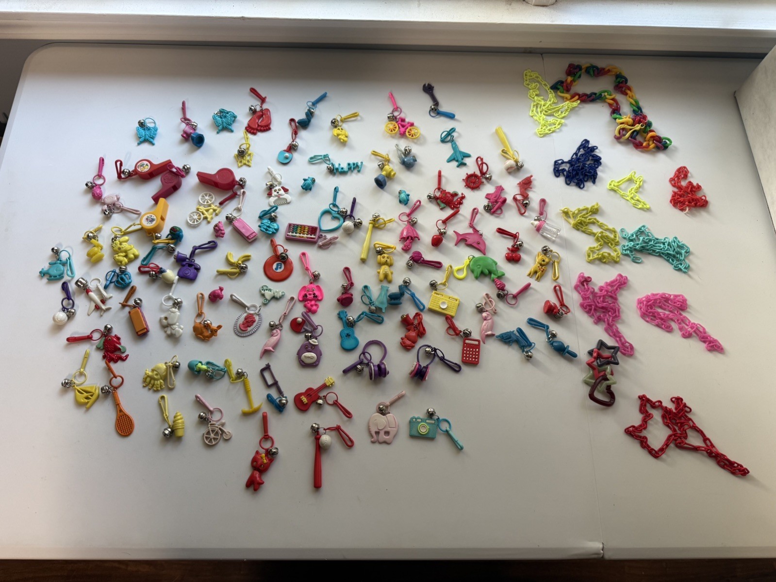 Huge Vintage 1980's Plastic Bell Charm Lot Necklace w/ 93 Charms & 10 Chains Huge Vintage 1980's Plastic Bell Charm Lot Necklace w/ 93 Charms & 10 Chains