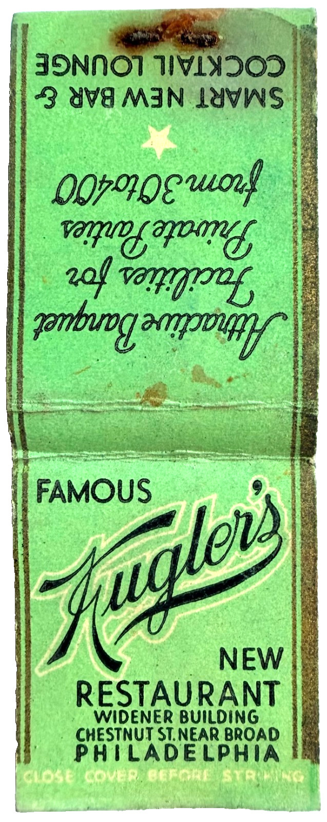 1940s Kugler\'s Restaurant Cafeteria Philadelphia Matchbook Bar Cocktail Bar