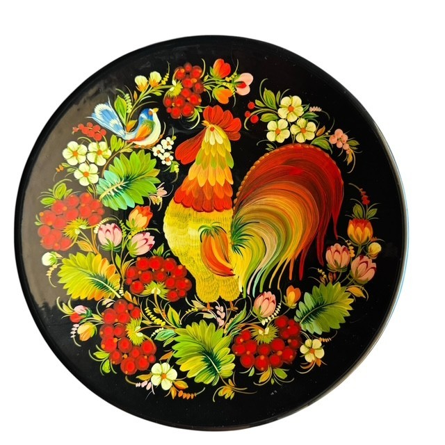 Ukrainian Petrykivka Hand Painted Wooden Plate Rooster Folk Art Ready To Hang