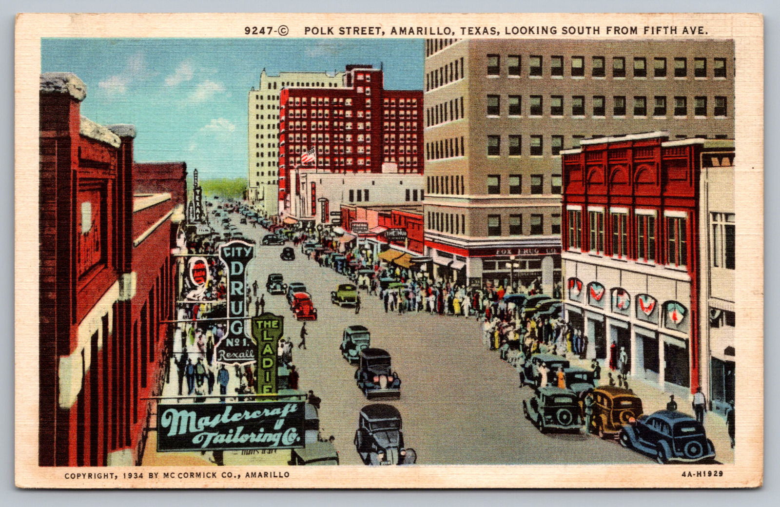 Postcard Polk Street Amarillo Texas Looking North Linen