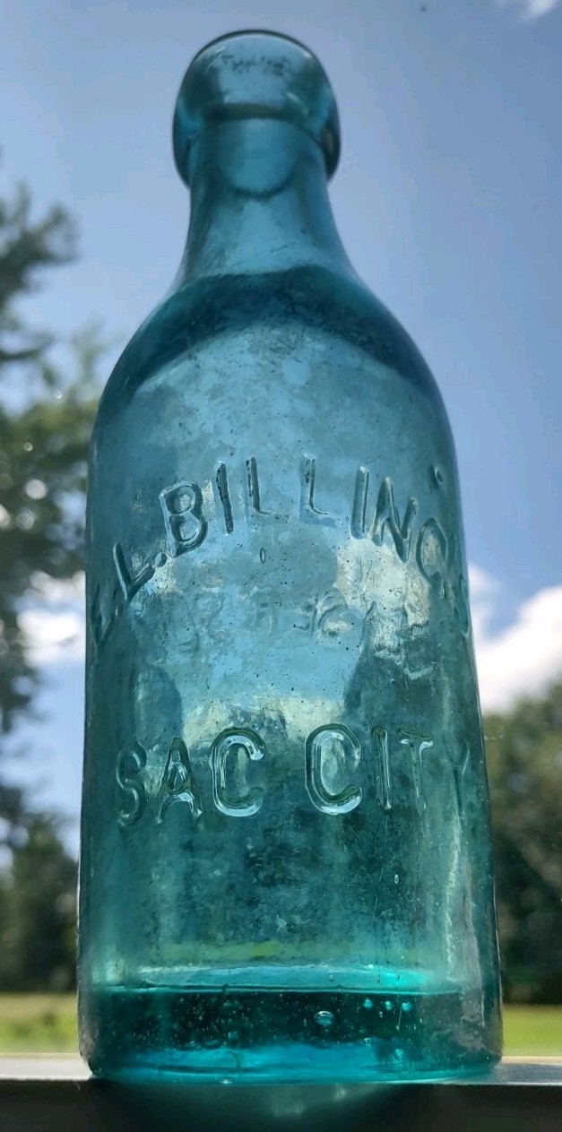 E.L. BILLINGS SAC CITY GEYSER SODA Antique Bottle Blob top Sacramento CA