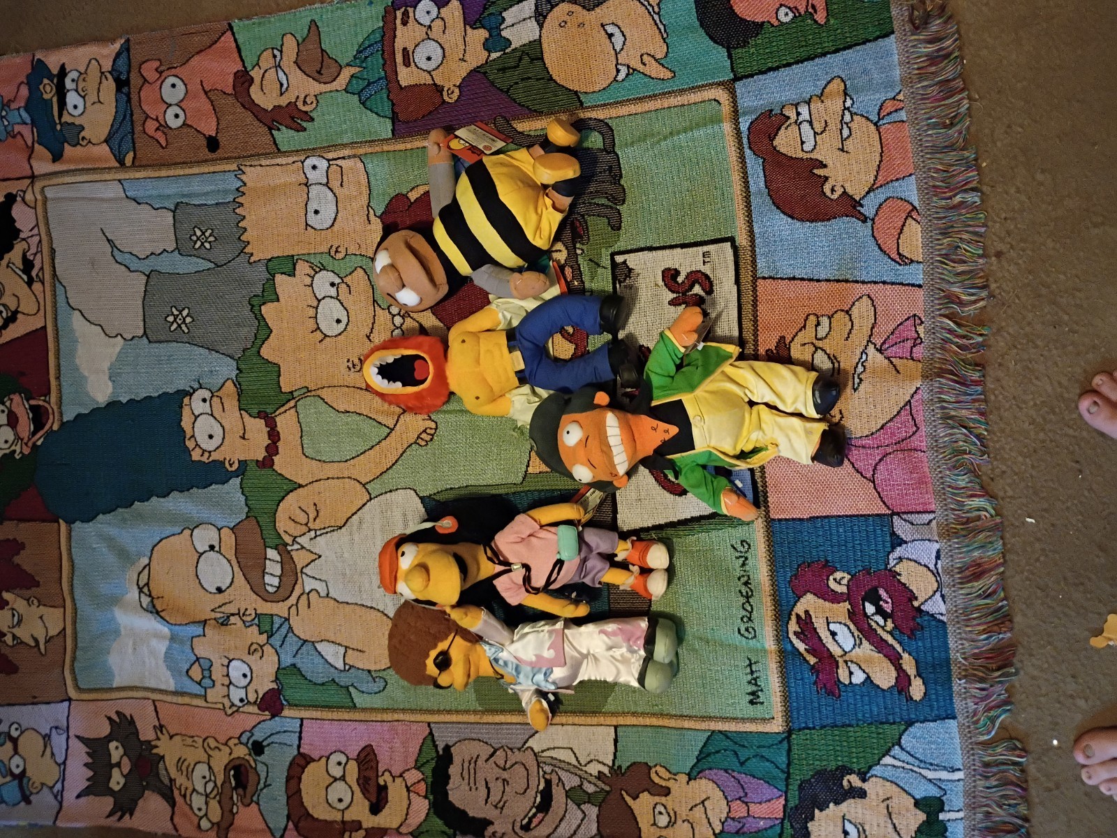 RARE Vintage Simpsons lotWoven Tapestry Fringe Throw Blanket and 5 people 
