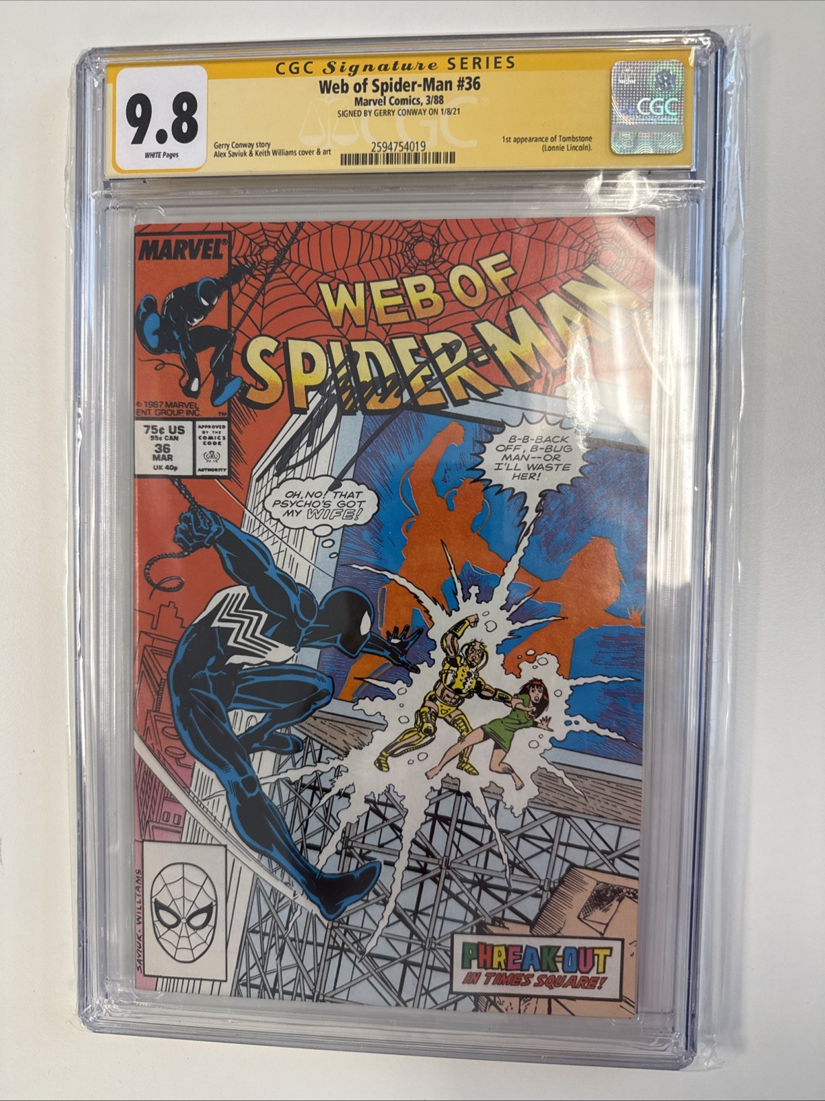 Web of Spiderman 36 1st Tombstone Signed by Conway CGC 9.8 Autographed Authentic