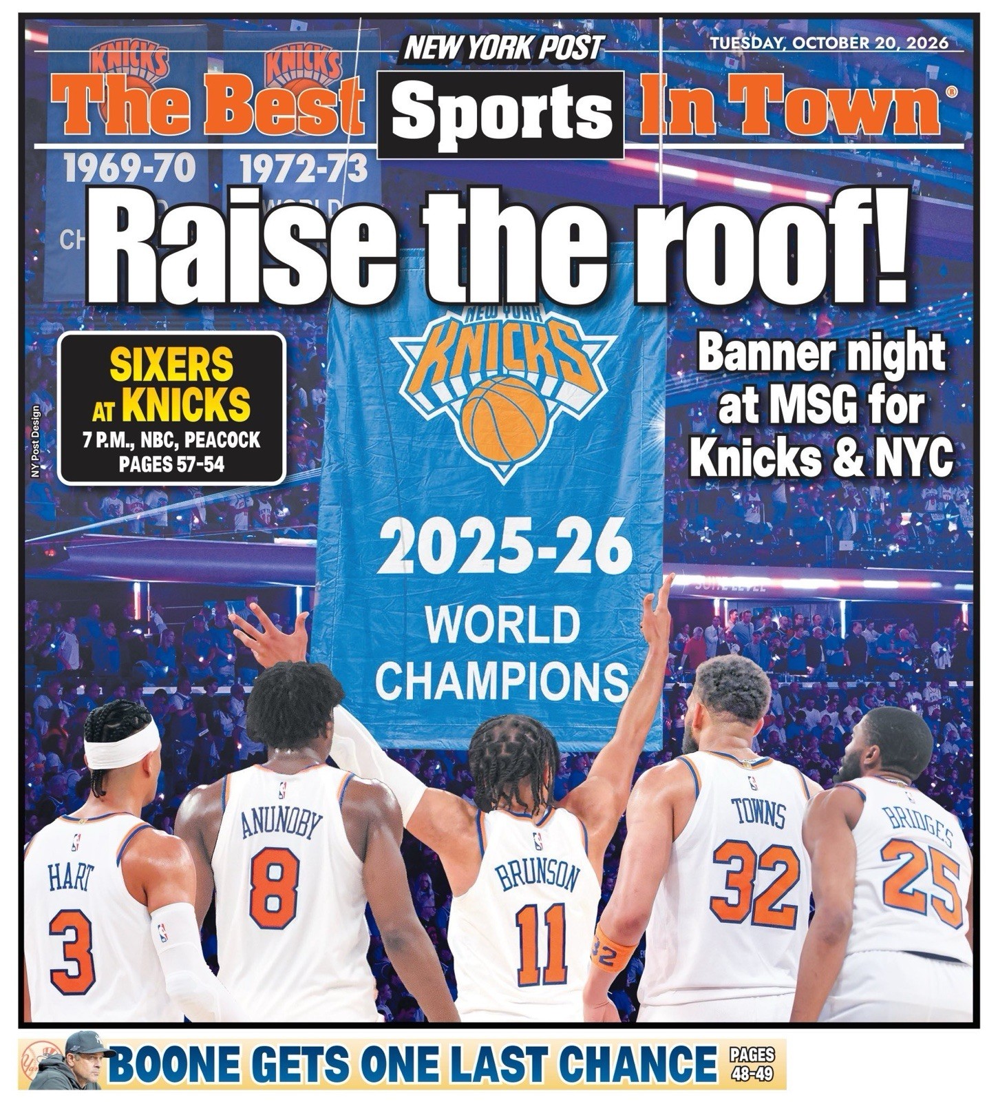 RAISE THE ROOF KNICKS BANNER NIGHT AT MSG NBA CHAMPIONS NY POST 10/20/26