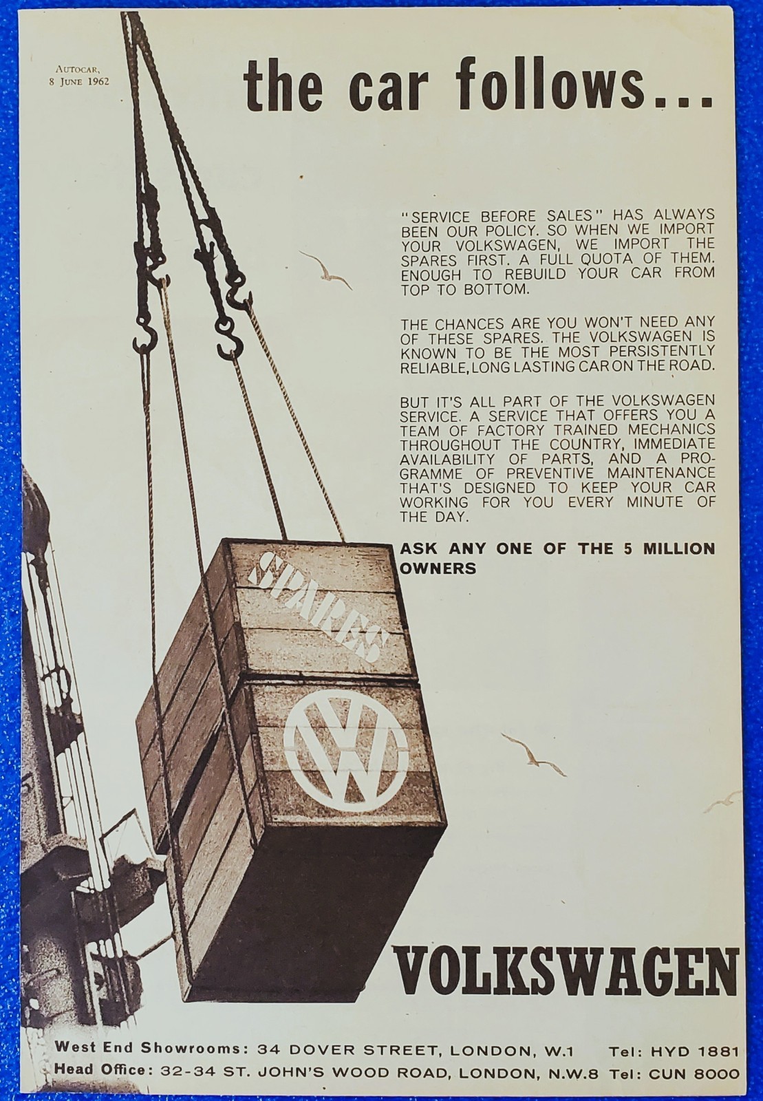 1962 Volkswagen Beetle Print Ad VW Service Network Spare Parts Reliable Support