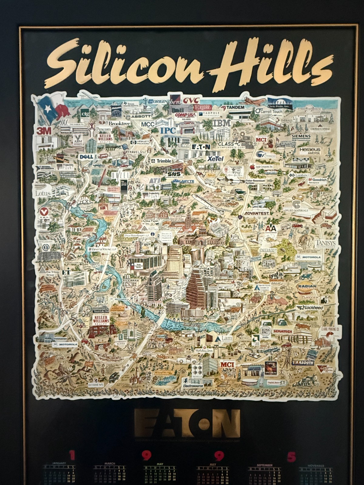 1995 Silicon Hills Eaton Pictorial Map Calendar Framed Corporate Poster