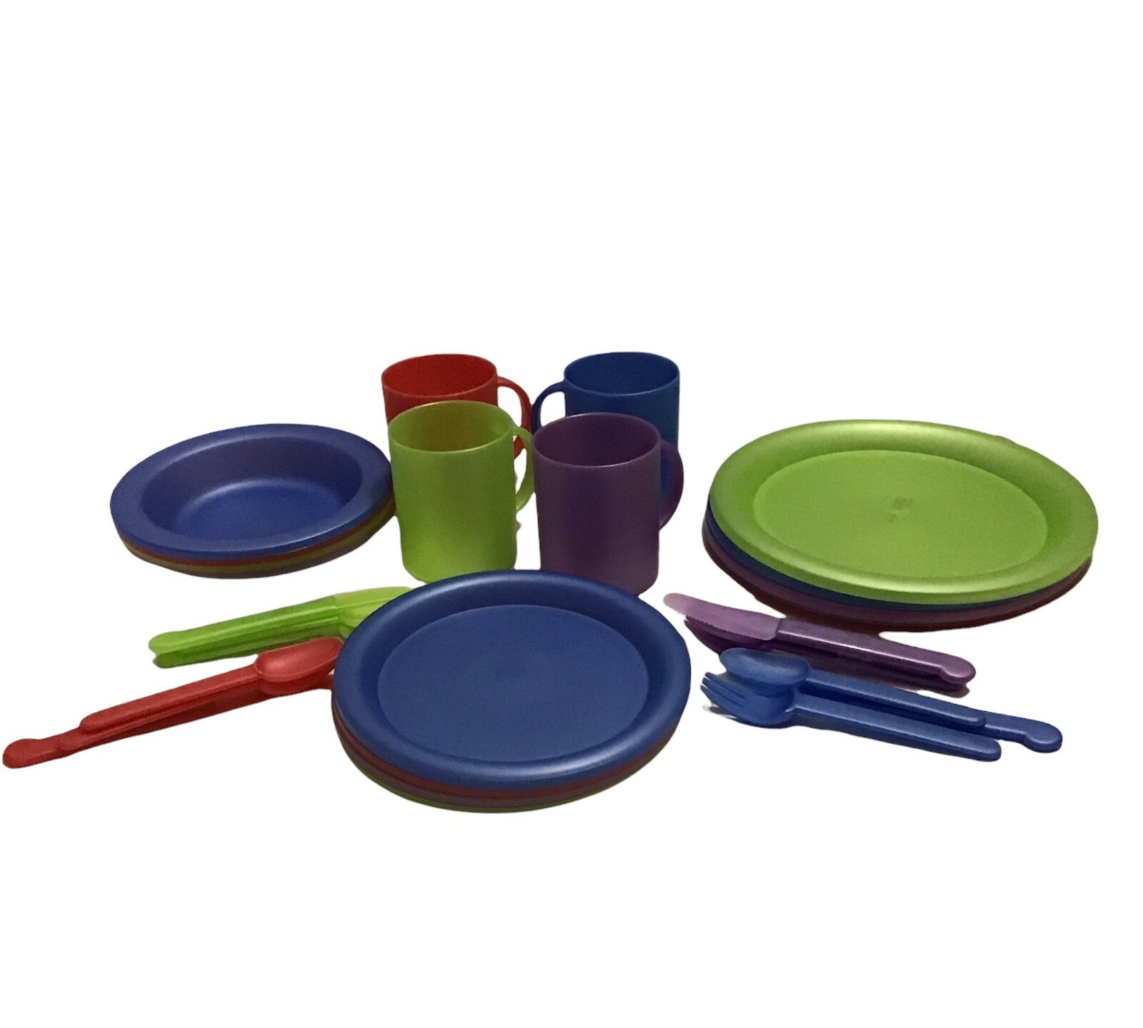Vtg Packerware Plastic Service for 4 Dinner Plates bowls mugs utensils 28pc
