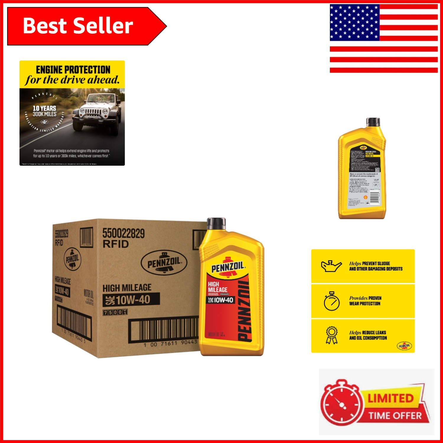 Pennzoil High Mileage 10W-40 Motor Oil, 6 Quart Pack for Vehicles Over 75K Miles