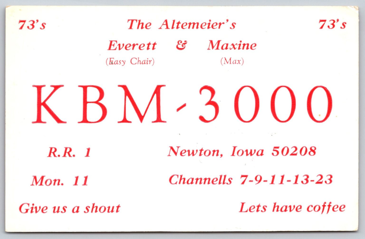 Vintage KBM-3000 CB Radio QSL Postcard - Newton Iowa - Altemeier's B108