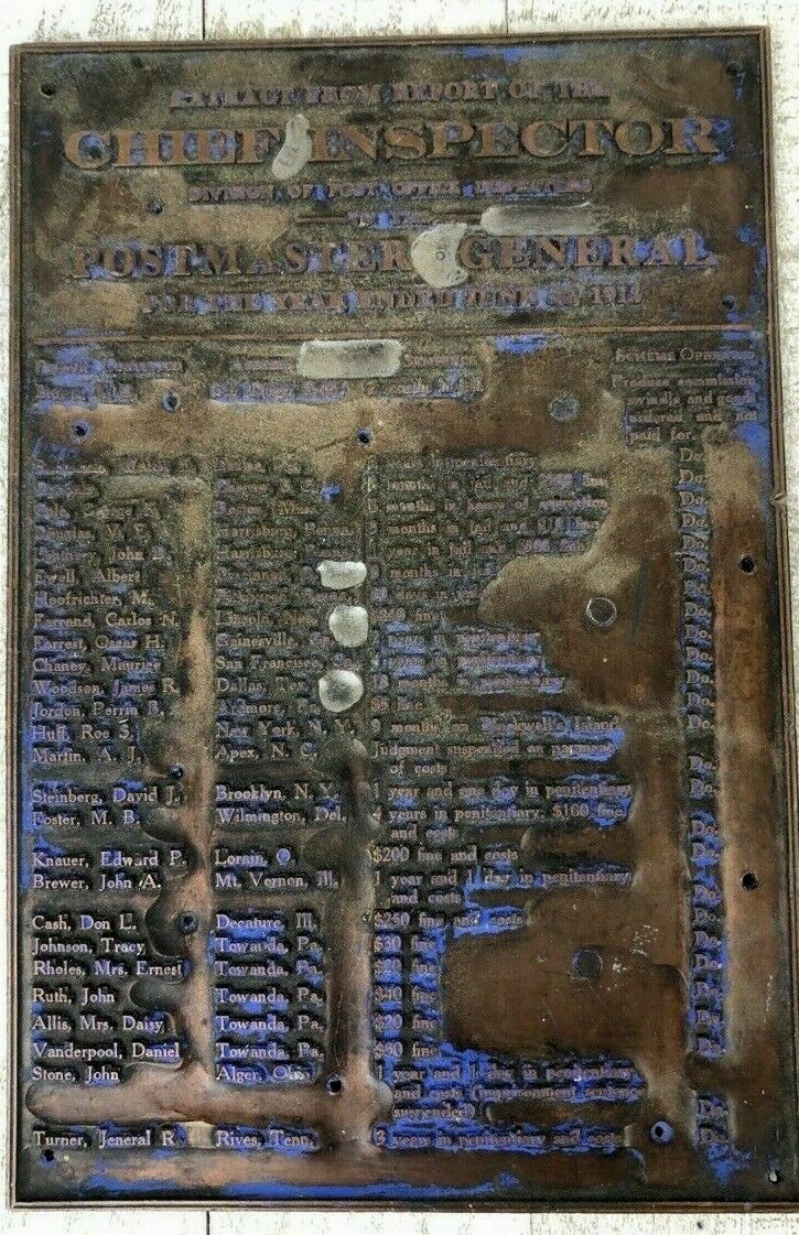 Antique 1913 Post Master General Report Metal Printing Press Block Stamp Fraud