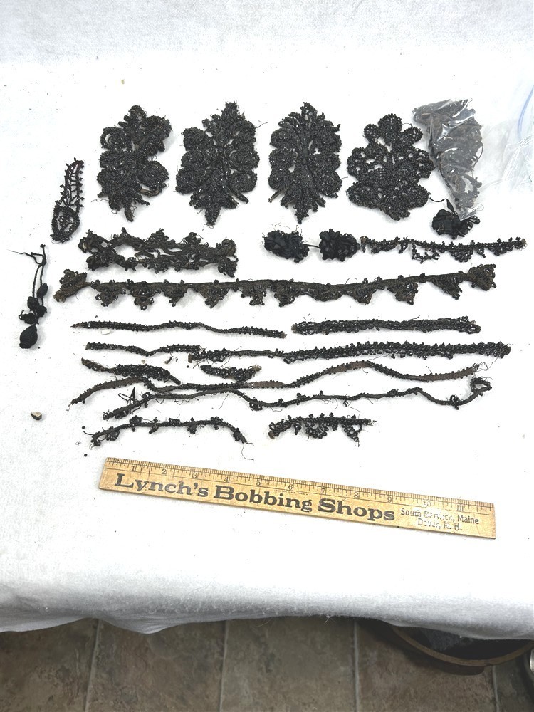 antique sewing  lot beaded applique black glass jet Victorian Edwardian original