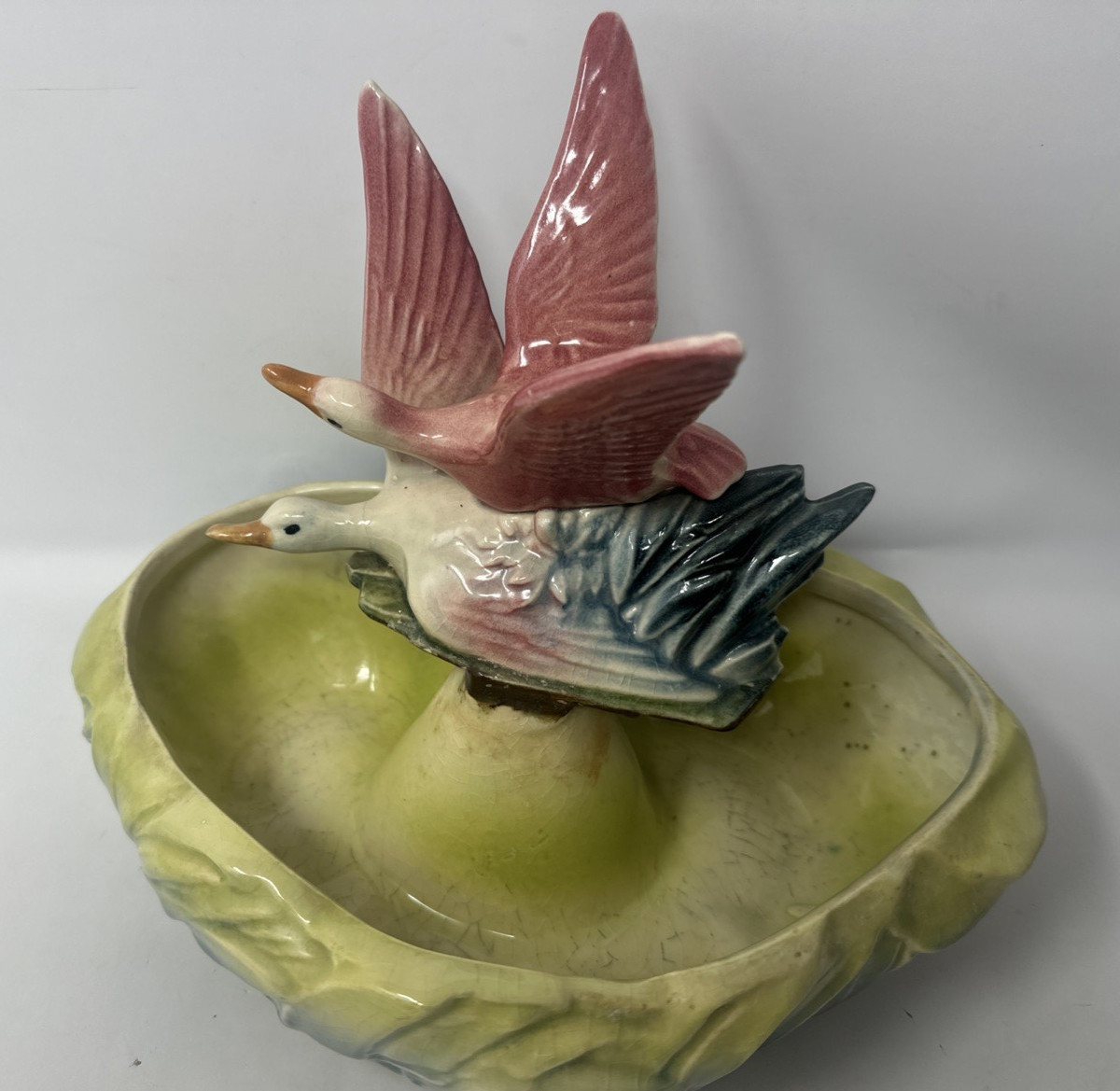 McCoy Flying Ducks Planter Bowl Pink Green & Yellow 1950’s 11” x 7 1/2”x 8 1/4”