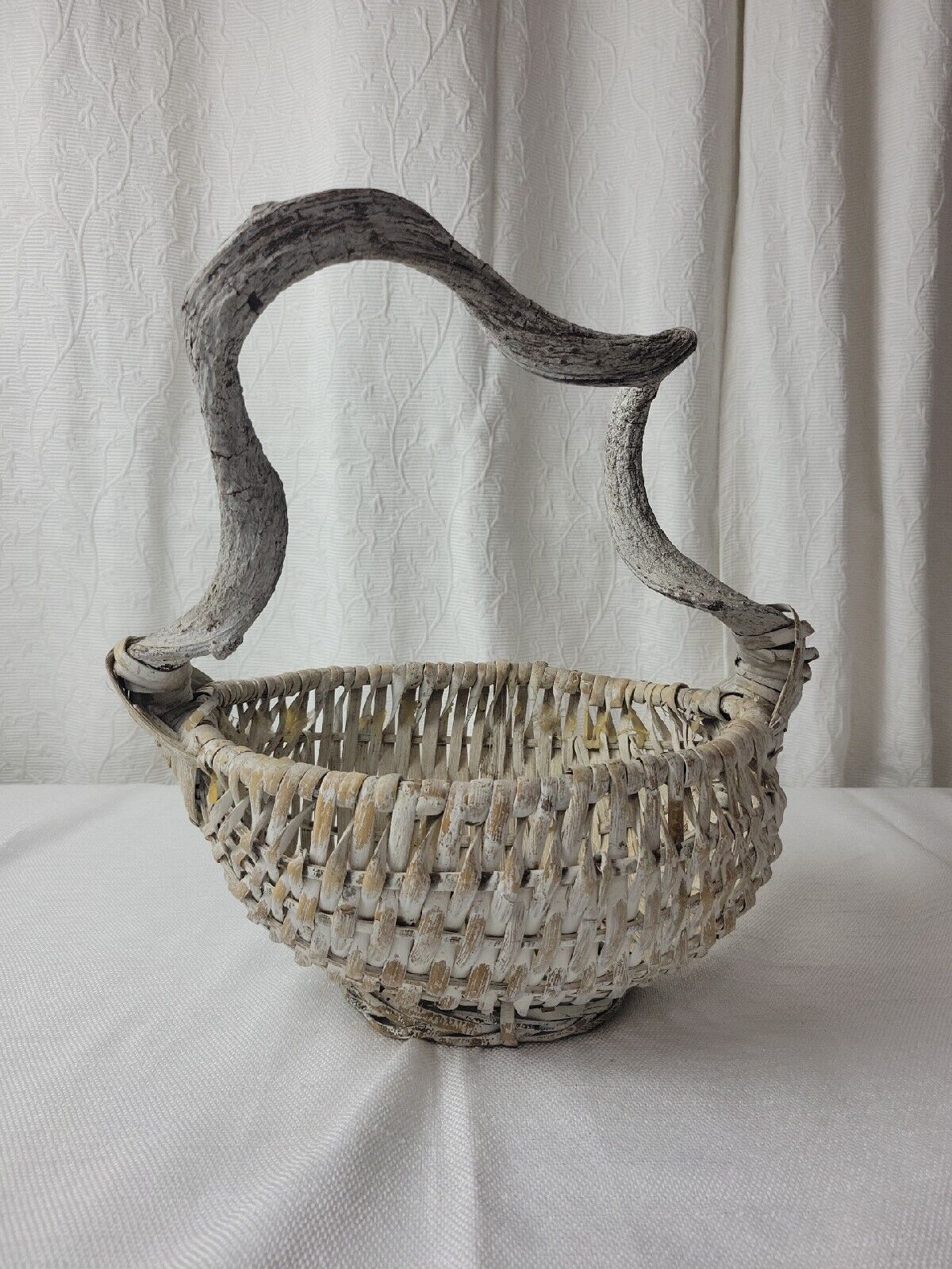 Unique Woven Basket White-Washed Twisted Vine Branch Handle Large Size 