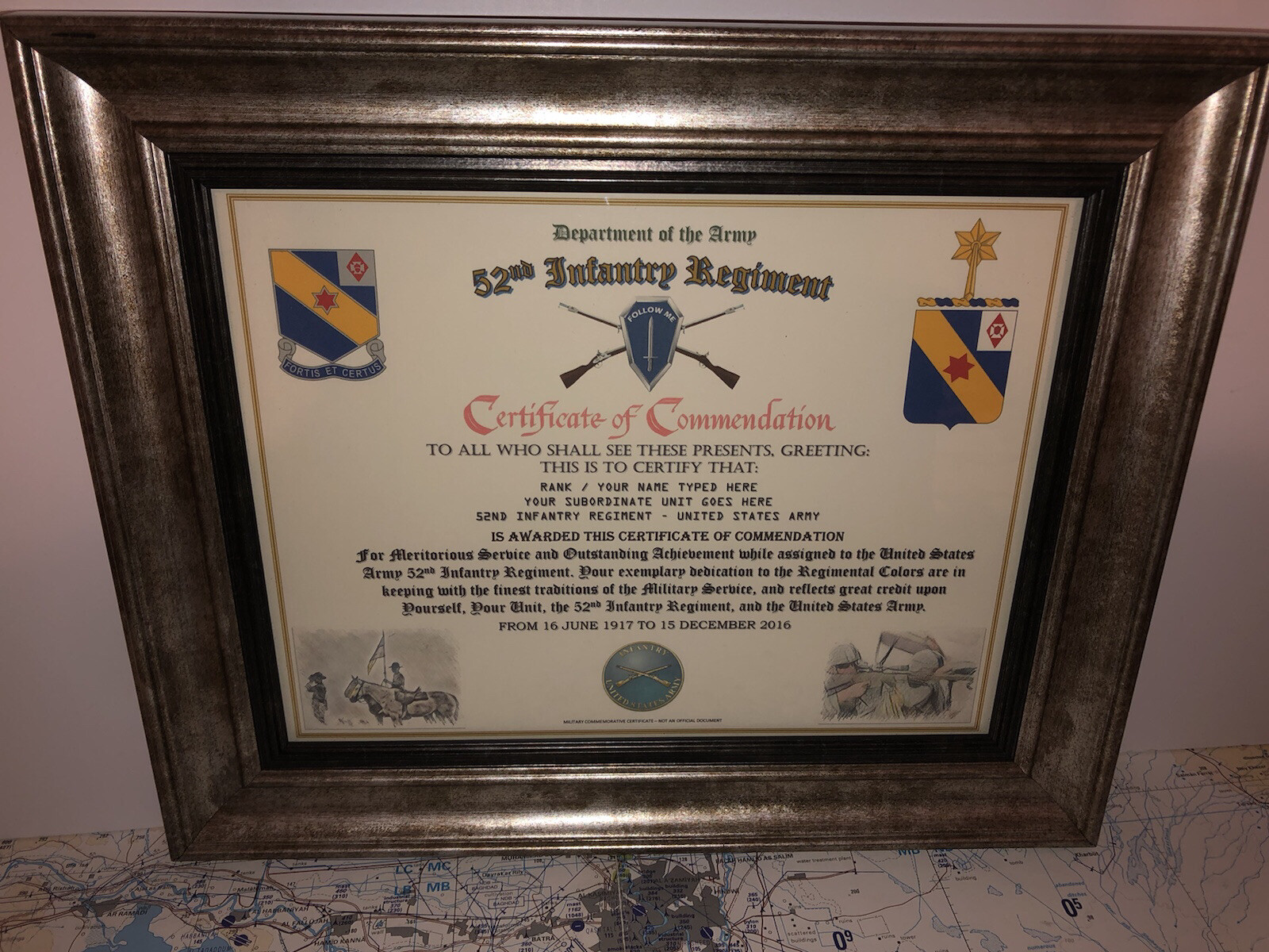 52ND INFANTRY REGIMENT / COMMEMORATIVE - CERTIFICATE OF COMMENDATION