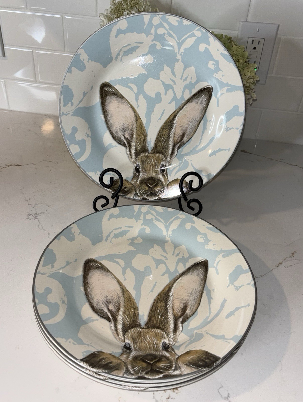 Set Of 4 Williams Sonoma Damask Easter Bunny Dinner Plates Lt Blue
