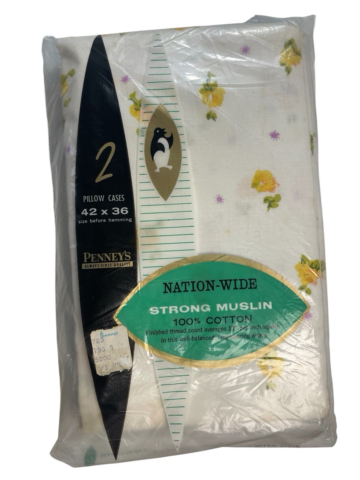 Vintage Nation Wide Penny Pillowcases Atomic Yellow Rose Set of 2 Muslin MCM New