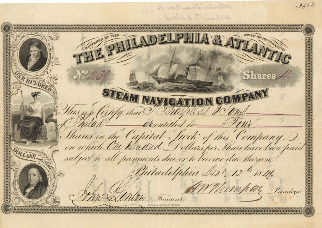 Philadelphia and Atlantic Steam Navigation Co. - Shipping Stock Certificate - Sh