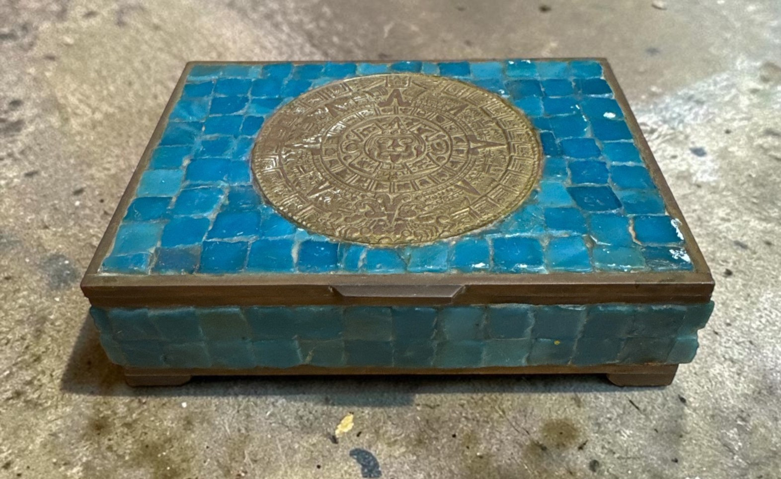 Vintage Brass Mexican Handmade Mosaic Trinket Box Aztec Calendar