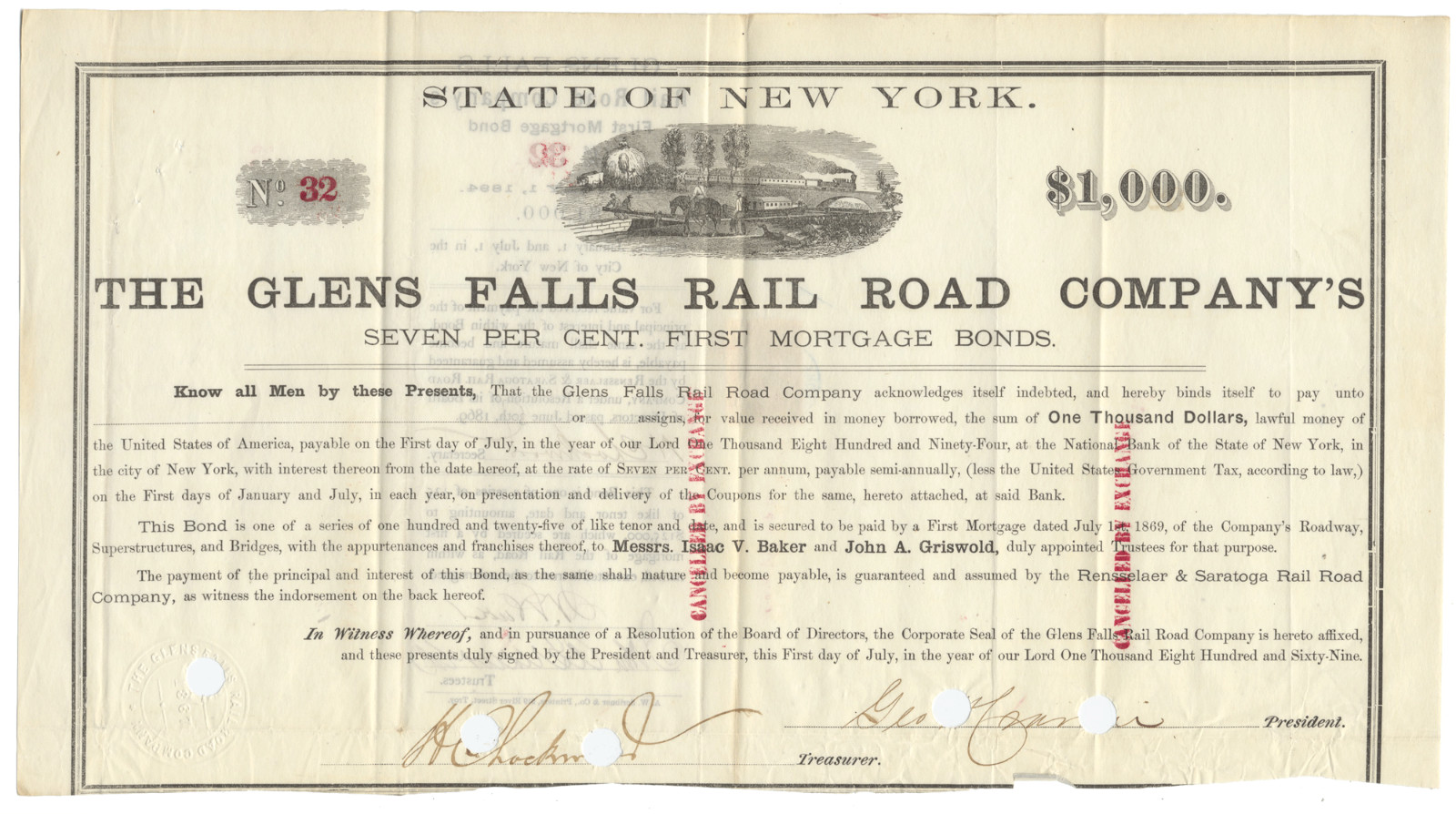 LOT OF 5 Glens Falls Rail Road Company Bond Certificates (New York, Dated 1869)