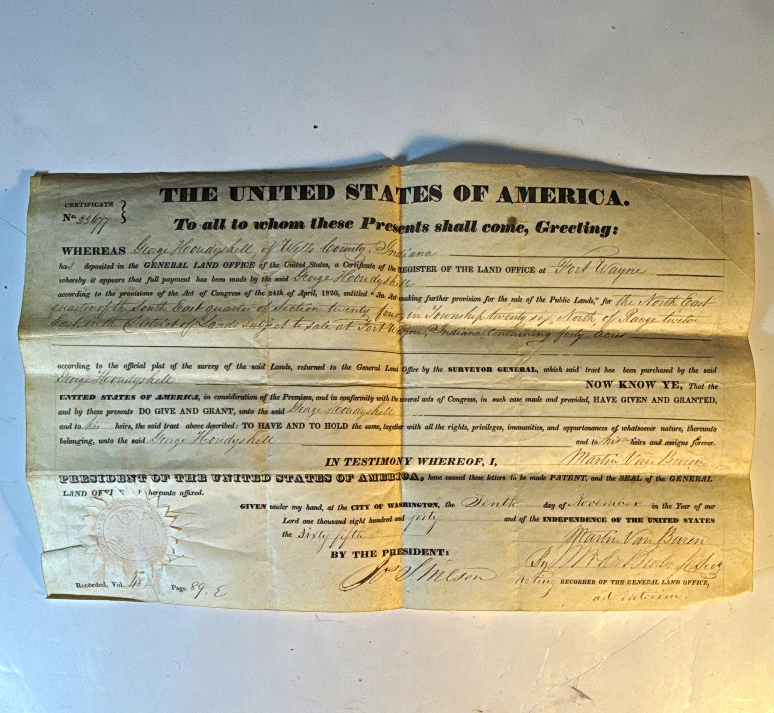 1840 Martin Van Buren US Land Patent Houdyshell Wells County Indiana ft Wayne