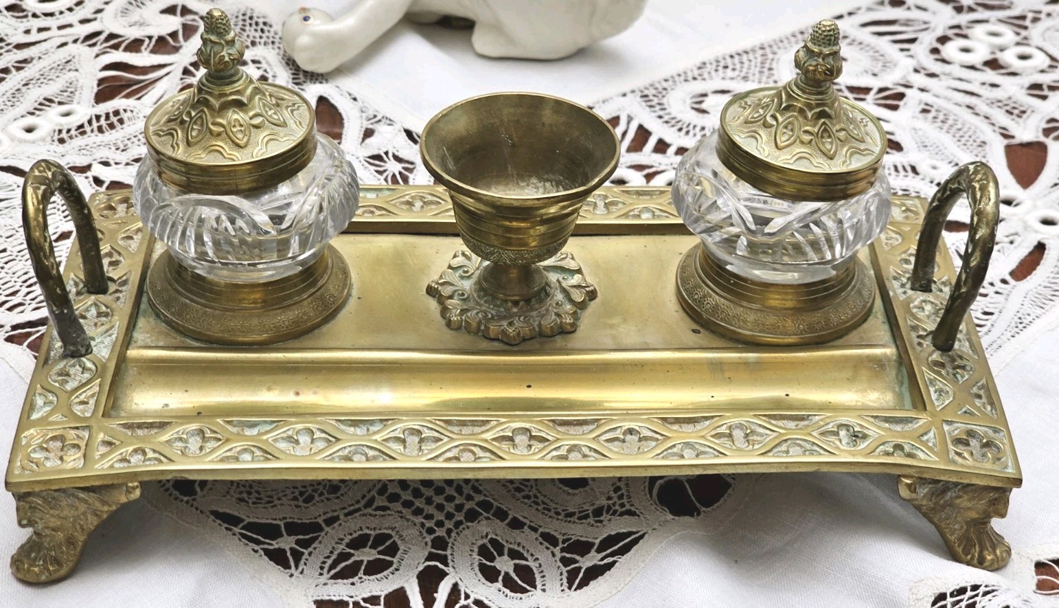 ANTQ. Double Inkwell Figural Face Of  Louis XV Victorian 19Th Century- Brass 