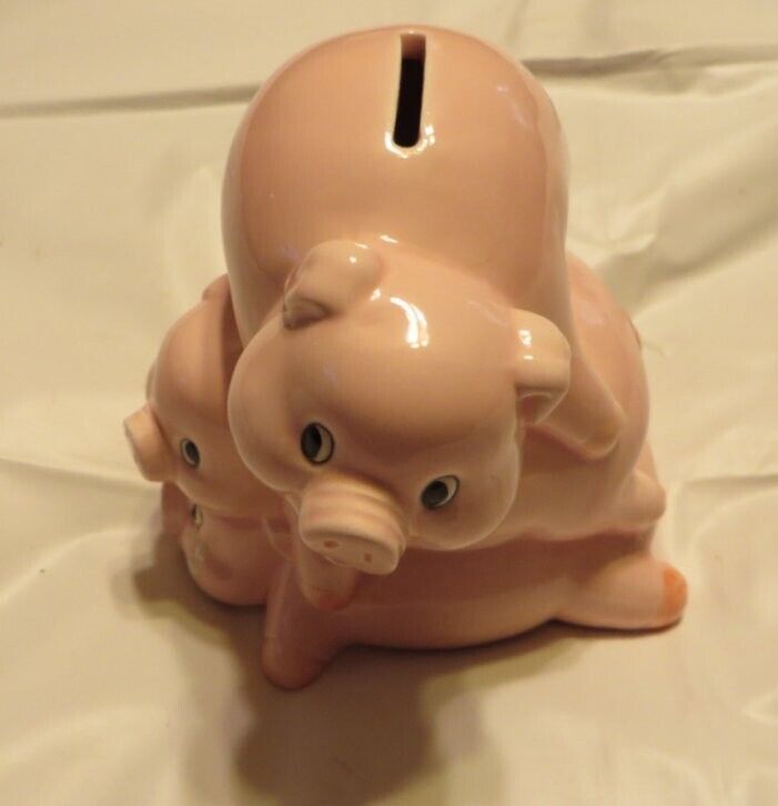 Vintage Ceramic - Papel Freelance - Pink Stacked Pig / Pigs - Coin / Piggy Bank