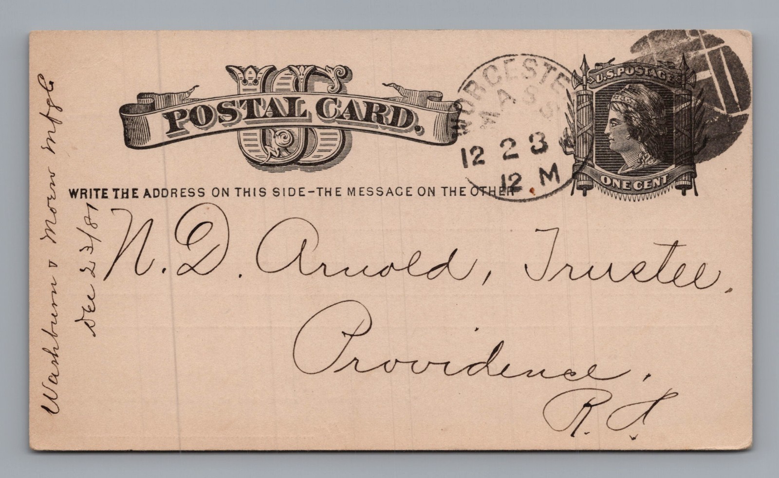 1881 Washburn Moen Wire Co Worcester MA Industrial Postcard Cancel Providence RI