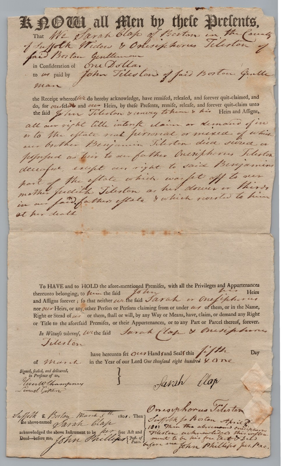 1801 Boston Quitclaim Deed Tileston Clap Family Estate Signed Document Suffolk