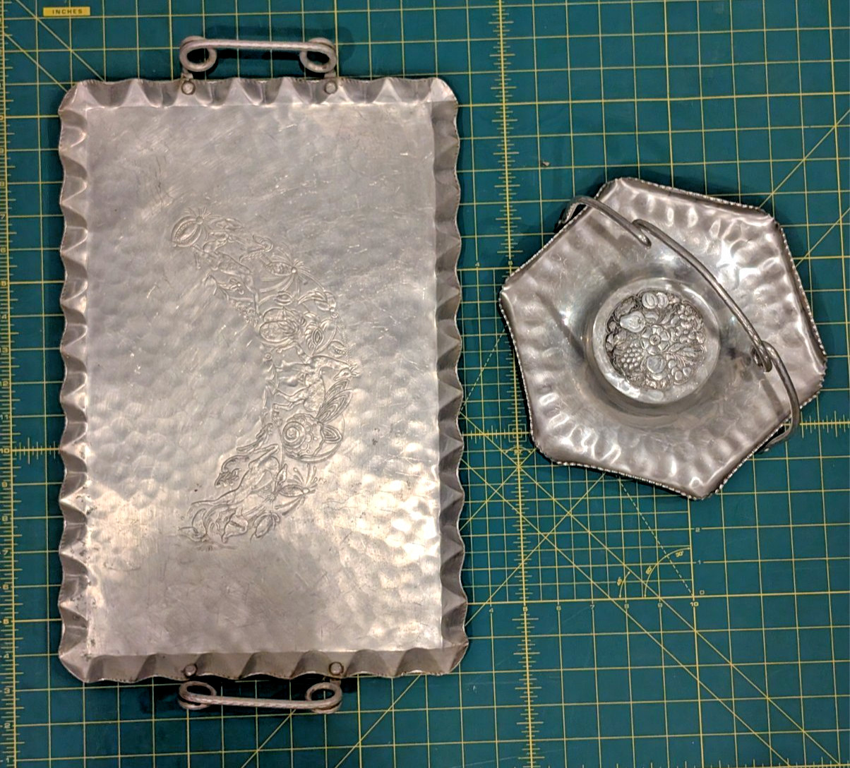VINTAGE CROMWELL HAND WROUGHT ALUMINUM SERVING TRAY & BASKET 2 PC LOT SCALLOPED VINTAGE CROMWELL HAND WROUGHT ALUMINUM SERVING TRAY & BASKET 2 PC LOT SCALLOPED
