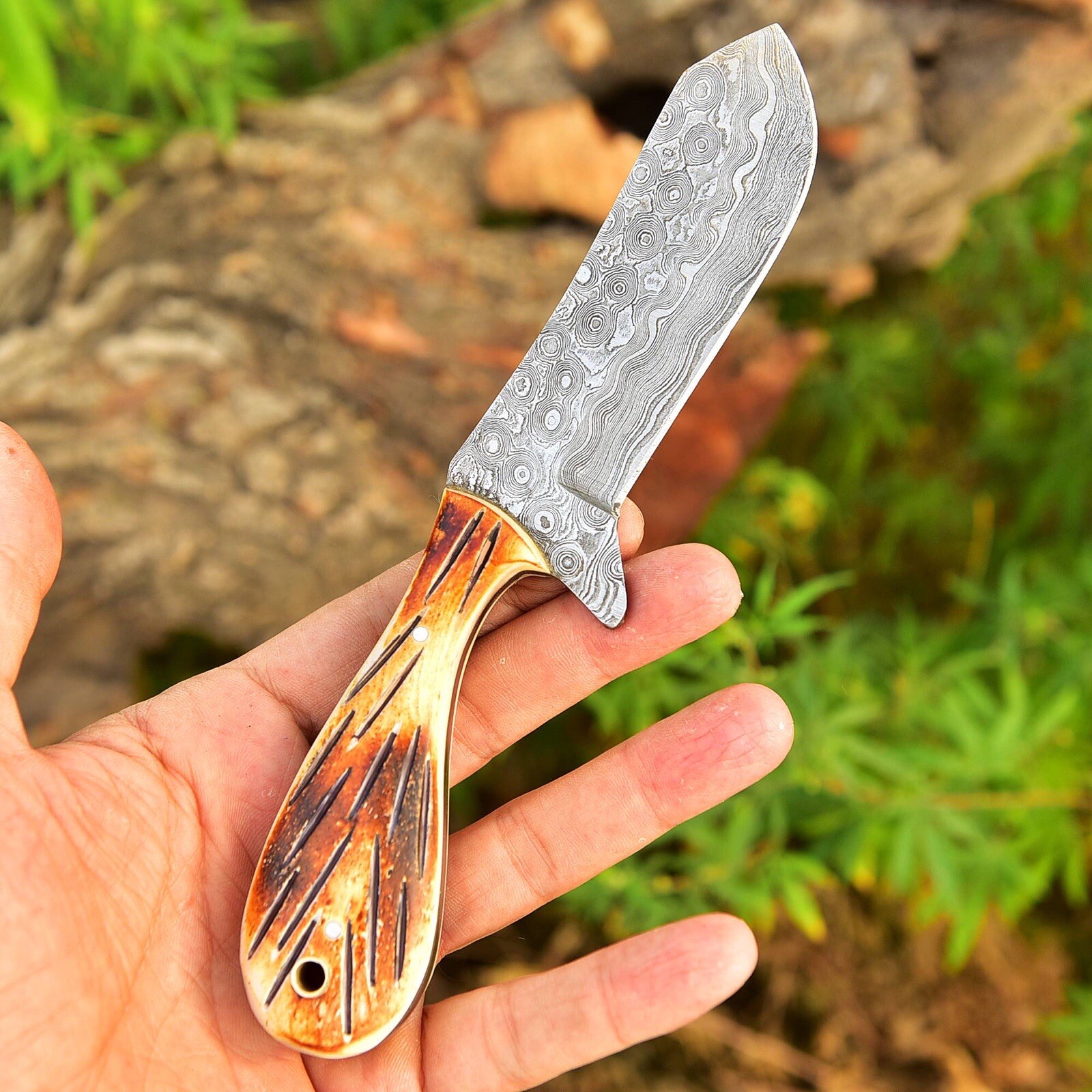 DAMASCUS STEEL KNIFE CAMPING HUNTING SURVIVAL OUTDOOR RESCUE ENGRAVED CAMEL BONE
