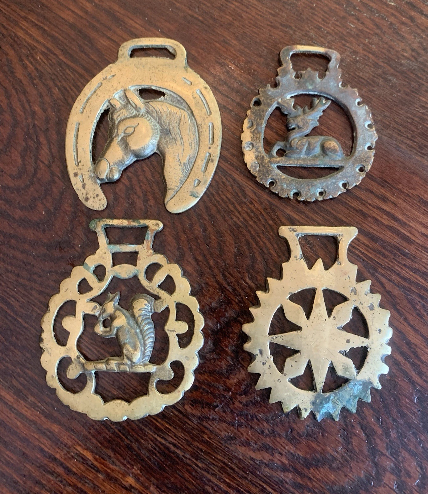 VTG English Horse Brasses Harness Medallions Set 4: Horse, Squirrel, Sun, Deer