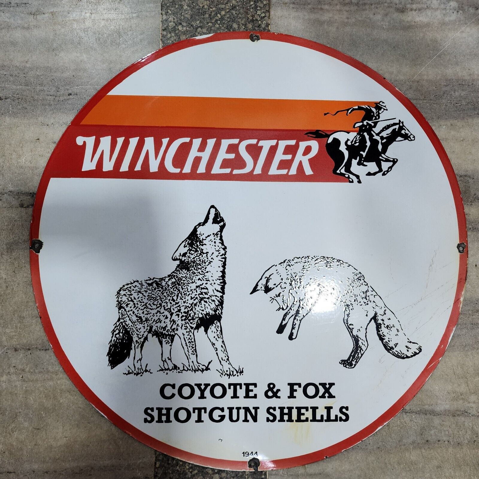 WINCHESTER COYOTE & FOX PORCELAIN ENAMEL SIGN 30 INCHES ROUND