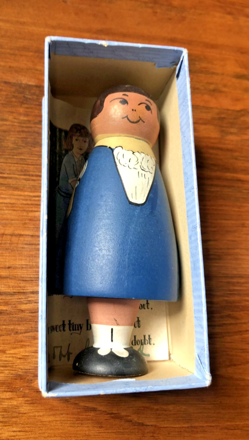 Vintage Folk Art Wooden Girl blue dress Needle Pin Case Holder 5\