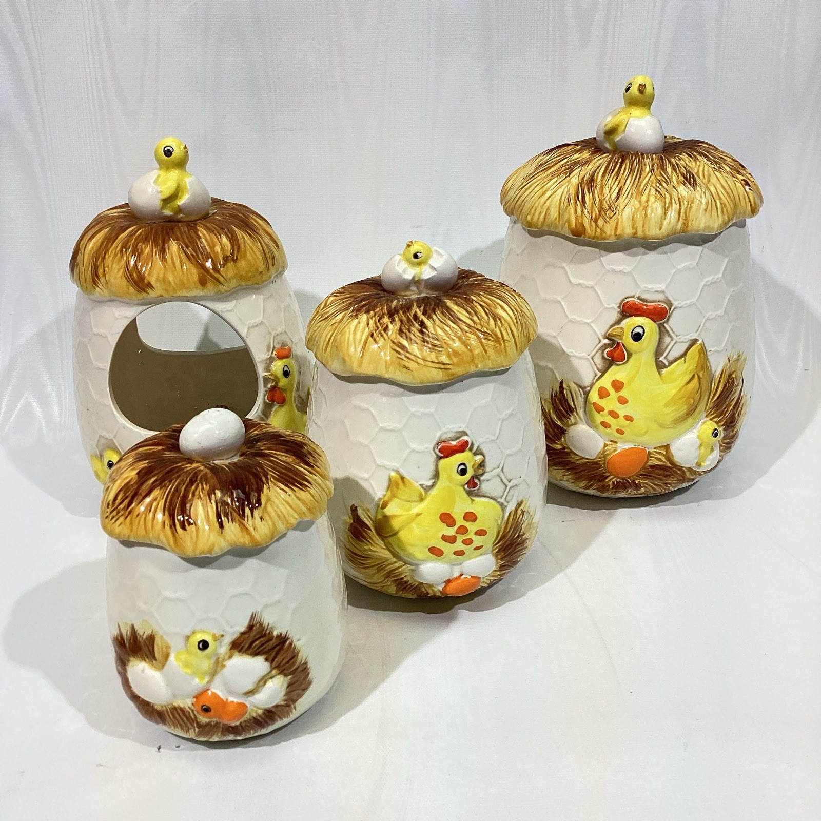 VTG Sears Roebuck Chicken Little Hatching Egg Canister & Holder 4 pc Set 1978