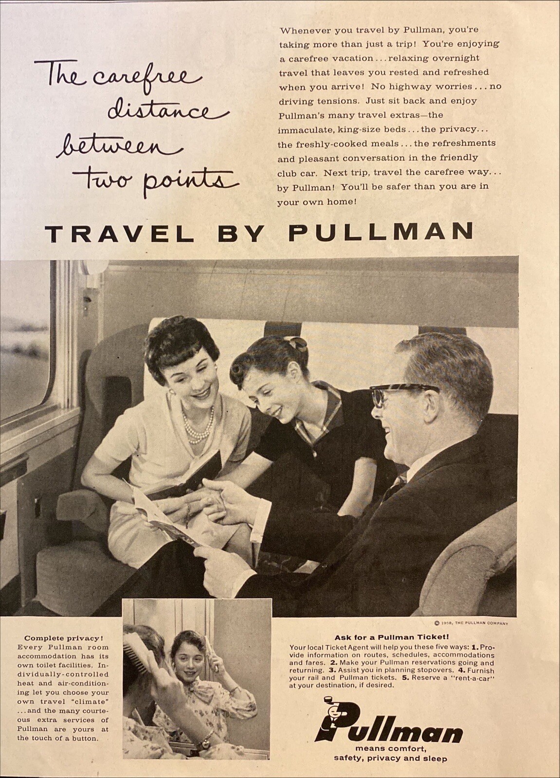 1958 Pullman Train Car Vintage Print Ad Carefree Distance Between Two Points