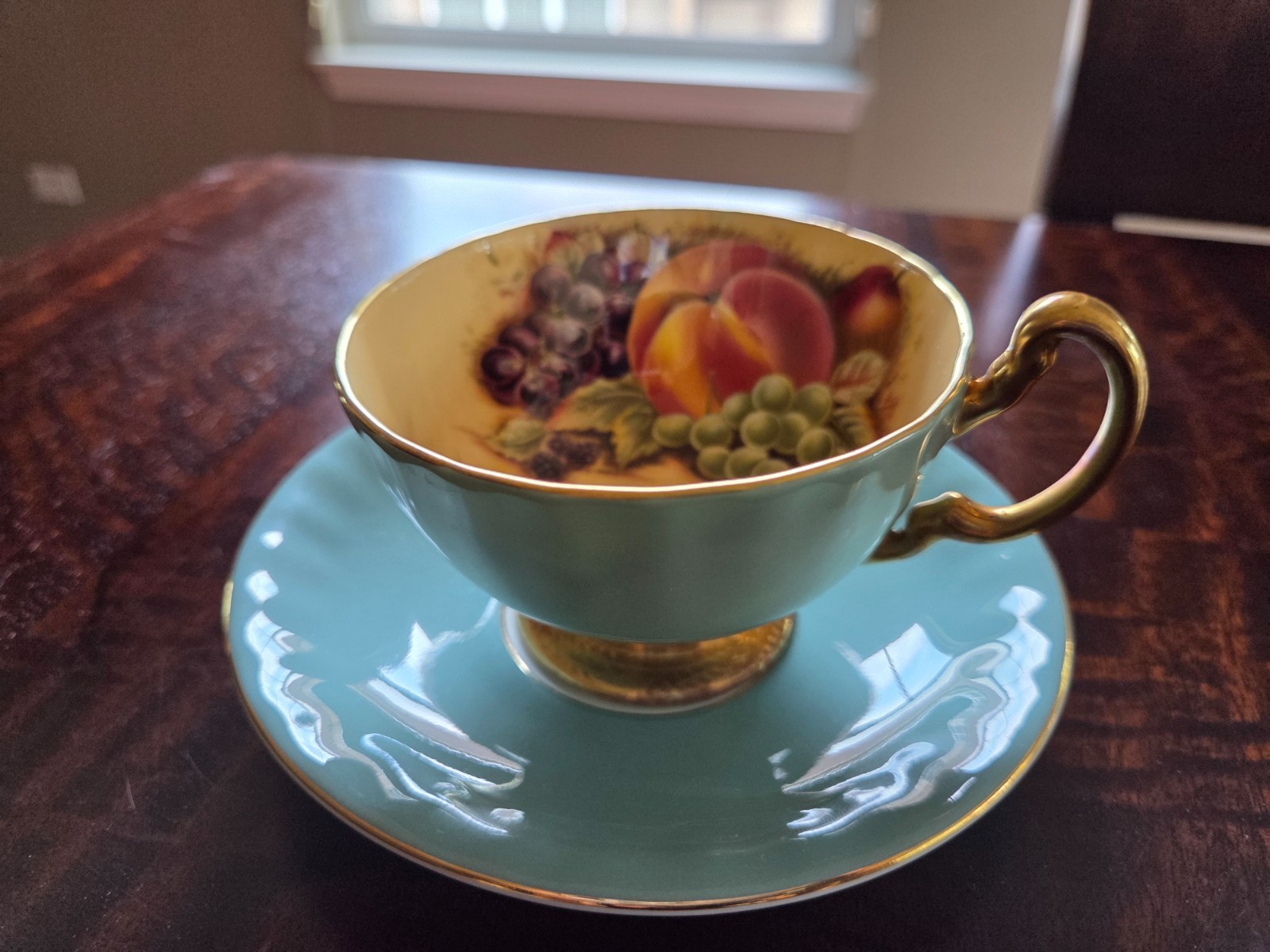 VTG Aynsley Orchard Fruit Footed Teacup and Saucer Turquoise Gold Trim Excellent