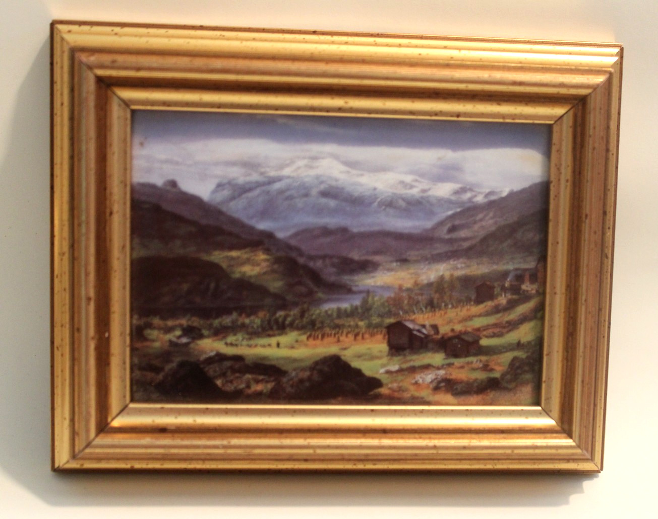 Porsgrund Norway Hand Painted Ceramic Tile Dahl Landscape Framed Gold 5.75