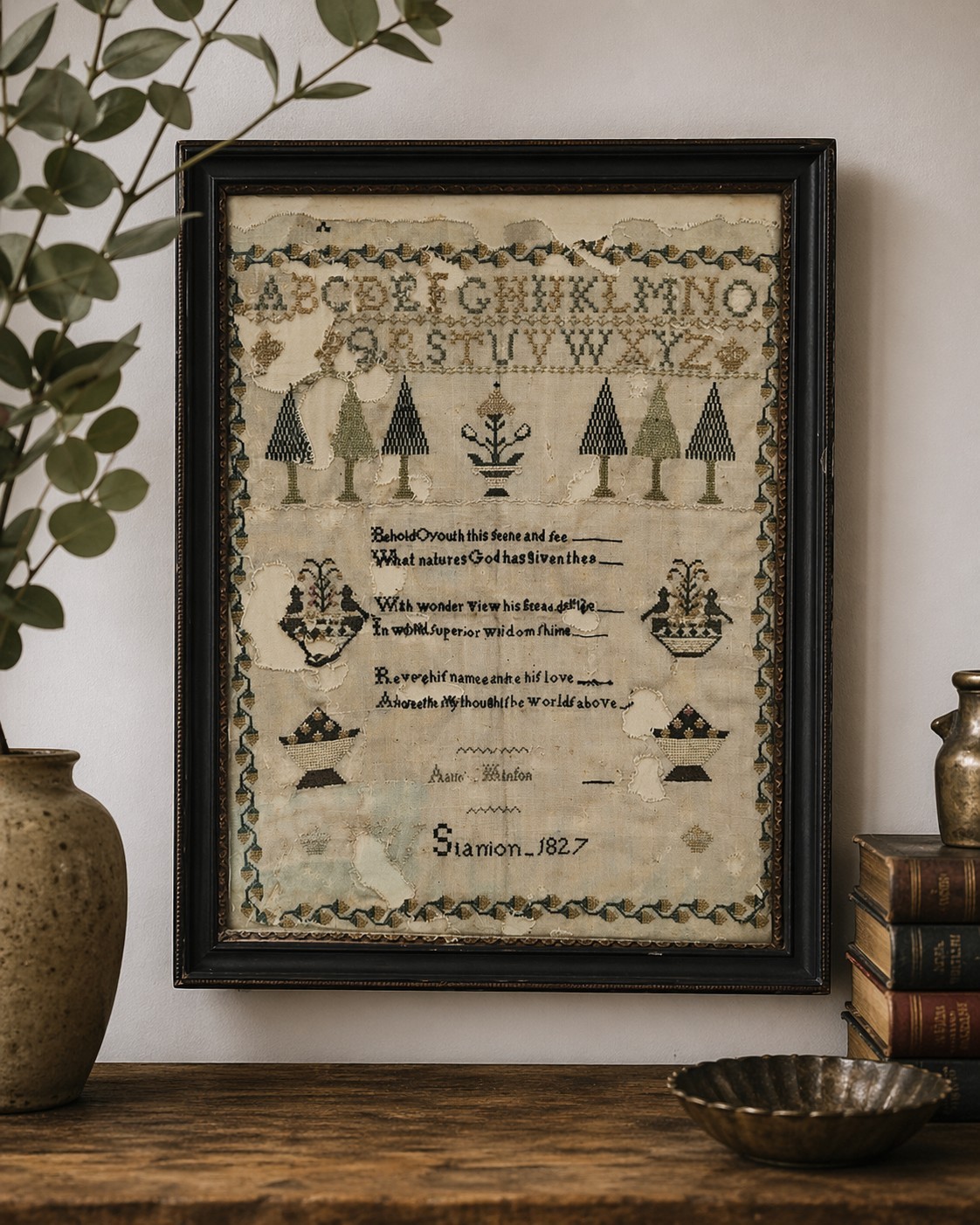 Georgian Needlework Sampler Dated 1827 – Stanion – Framed Woolwork