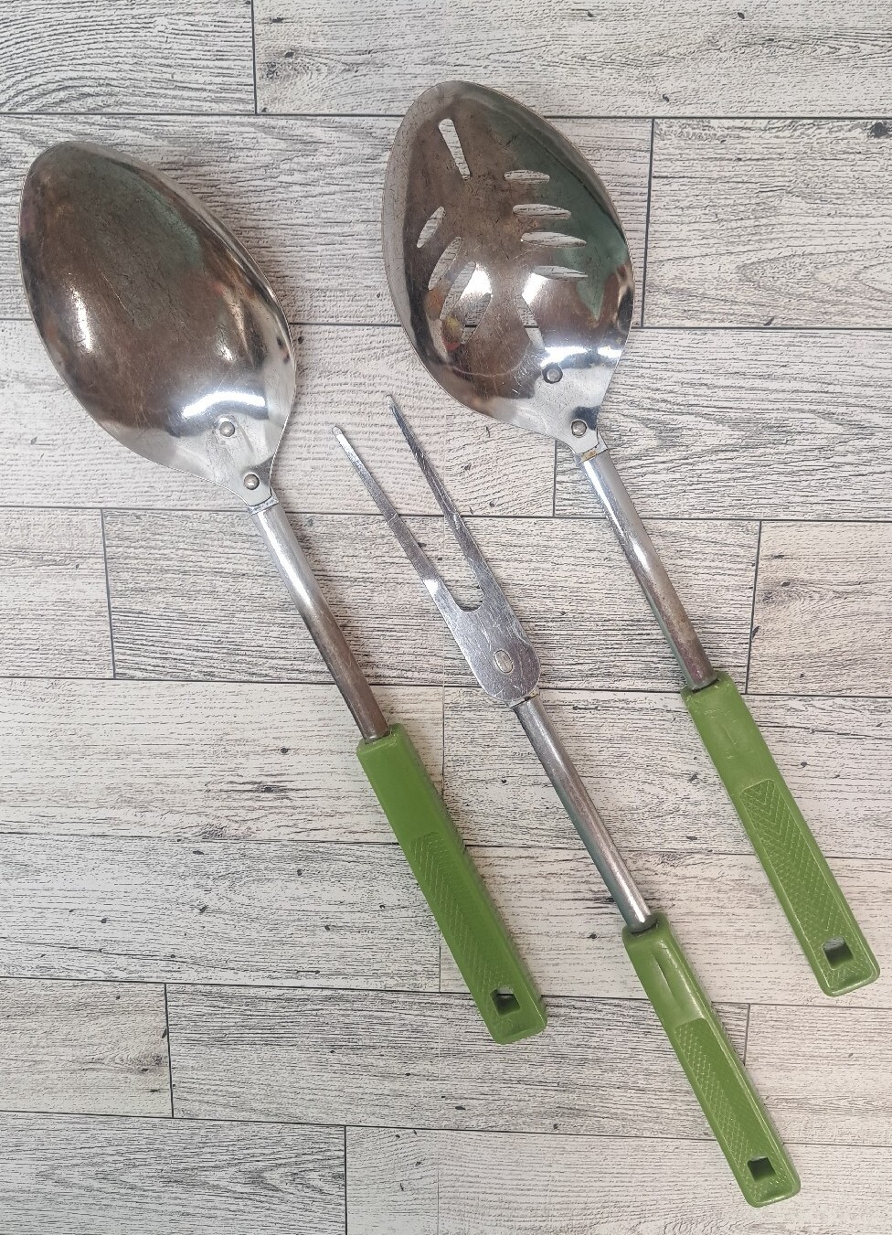 3pc VTG Foley Green Handle Chrome Meat Fork, Slotted Spoon and Serving Spoon USA