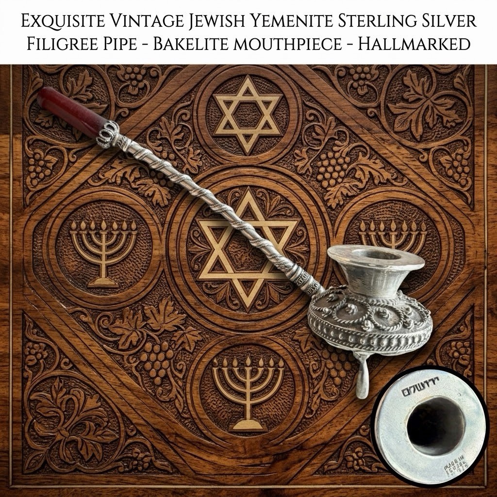 Antique Bezalel Israel 925 Silver Smoking Pipe Jewish Yemenite Filigree Art